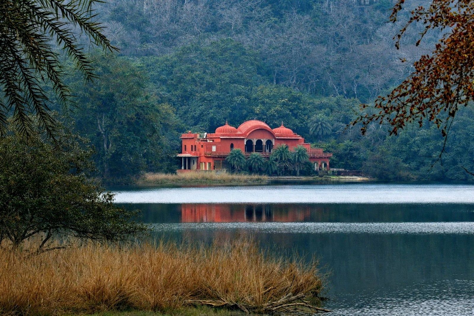 The red-painted Jogi Mahal hunting lodge stands surrounded by dense forest along the edge of a lake in Ranthambore National Park.